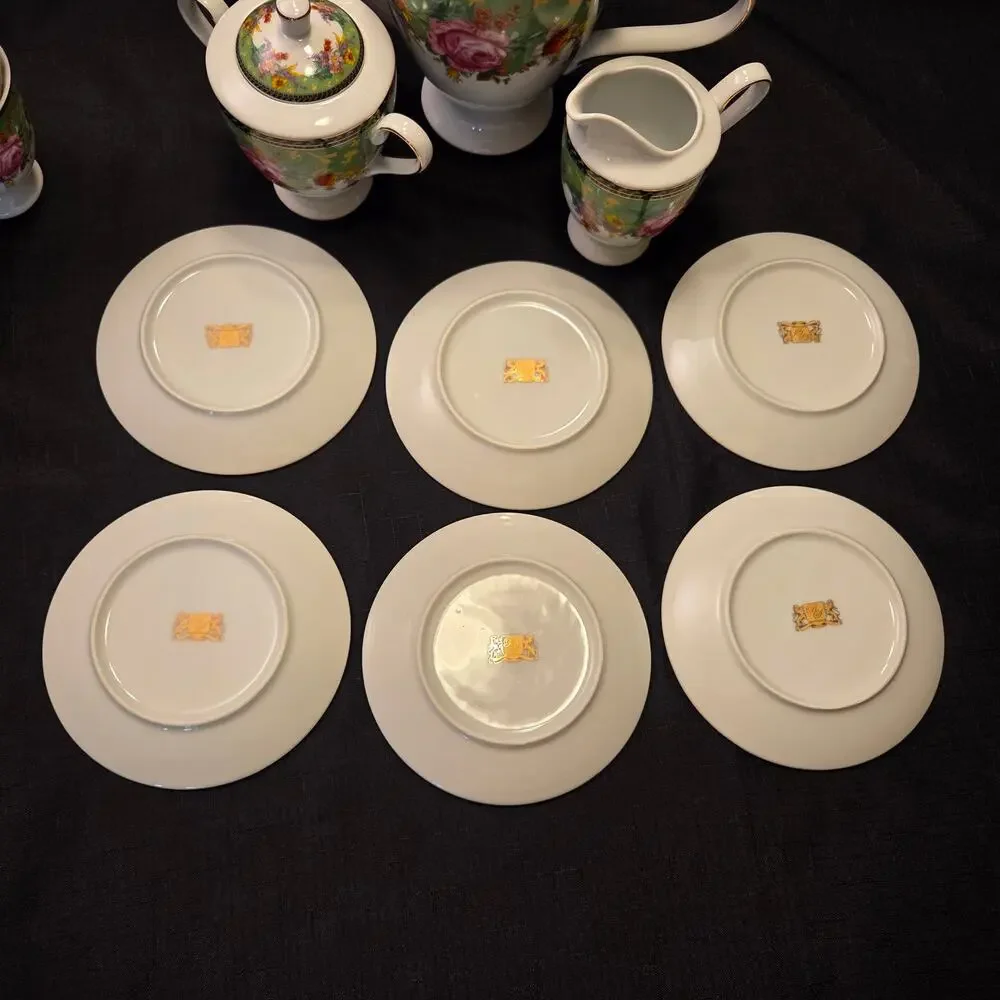 Royal Scotland Pink Rose on Green background Tea Set